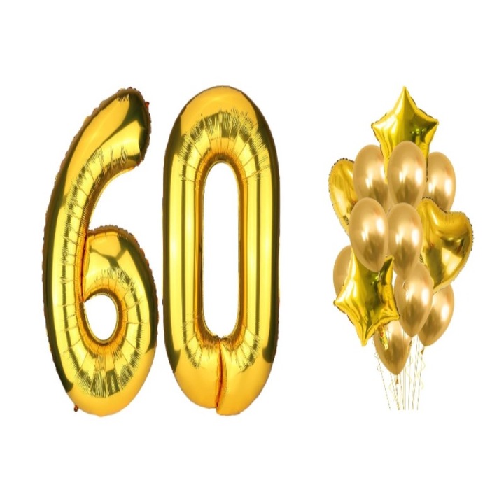 Set 16 baloane aurii, aniversare 60 ani, cifra 98 cm, stele 45 cm, inimi 45 cm, latex 26 cm