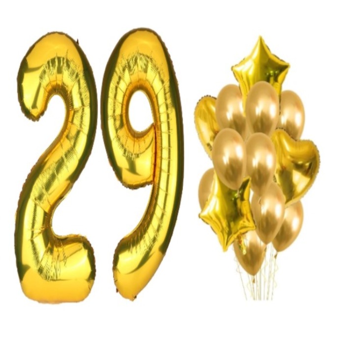 16 db arany DOMI PARTY & GIFTS lufi készlet, 29 éves évforduló, szám 100 cm, csillagok 45 cm, szívek 45 cm, latex 26 cm