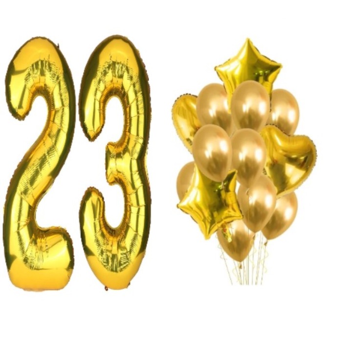 16 db arany DOMI PARTY & GIFTS lufi készlet, 23 éves évforduló, szám 98 cm, csillagok 45 cm, szívek 45 cm, latex 26 cm