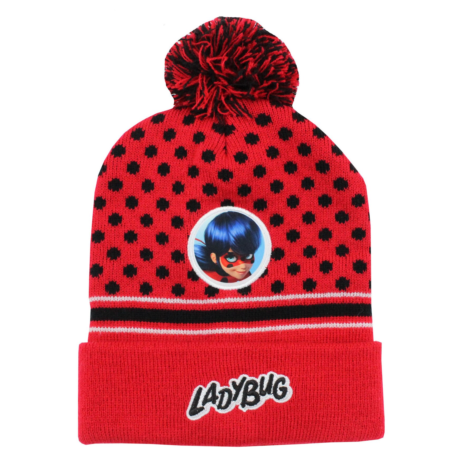 Caciula iarna, LadyBug, acril, rosie cu buline negre