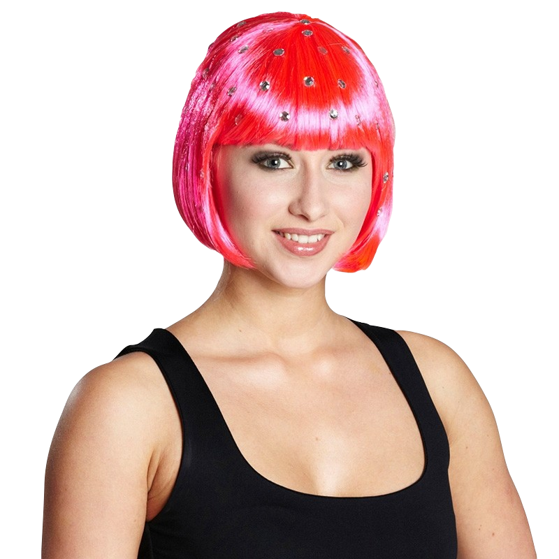 Peruca bob neon roz decorata cu cristale