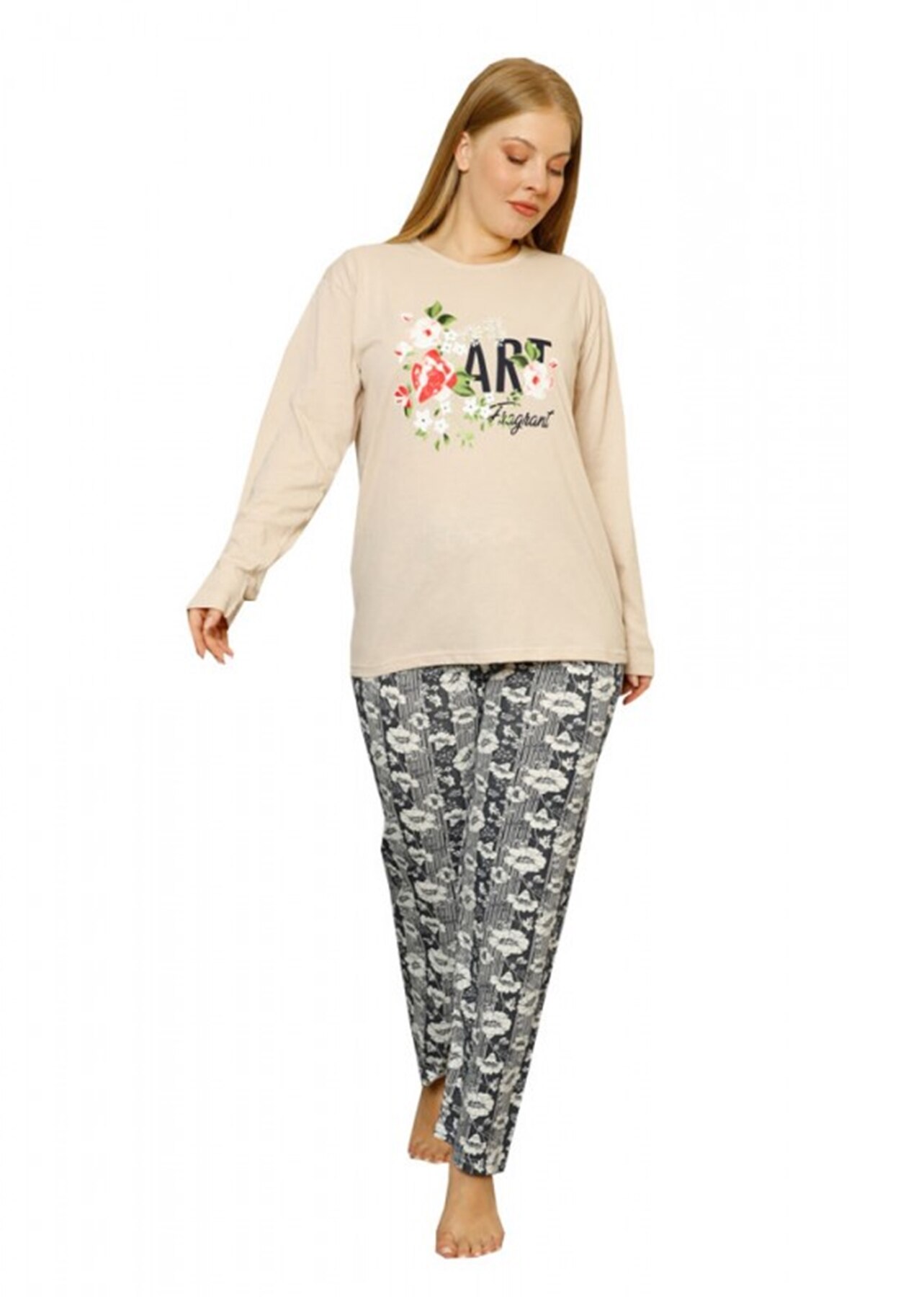 Pijama dama big size imprimeu Floral, Bej