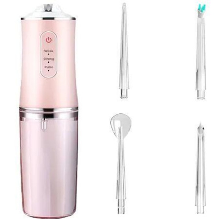 Орален иригатор за вода за уста, Smartech, преносим, 4 почистващи глави, резервоар 220 ml, розов