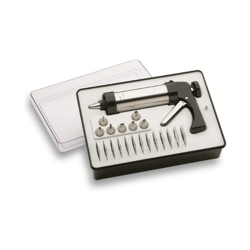 Set pistol din inox si 20 piese pentru decorarea prajiturilor, biscuitilor si fursecurilor, 250 ml