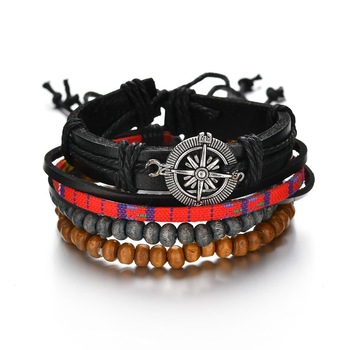 Set 5 bratari cu multiple straturi, pentru barbati, BeUnique, din piele naturala, rosu, negru, maro, gri inchidere ajustabila Set 5 bratari cu multiple straturi, pentru barbati, BeUnique, din piele naturala, rosu, negru, maro, gri inchidere ajustabila