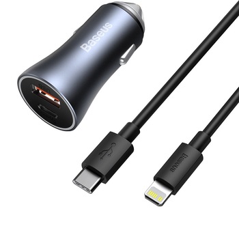 Incarcator auto Baseus - GOLDEN CONTACTOR PRO 40W USB USB - C GRAY si Cablu USB - C LIGTINING Negru Incarcator auto Baseus - GOLDEN CONTACTOR PRO 40W USB USB - C GRAY si Cablu USB - C LIGTINING Negru