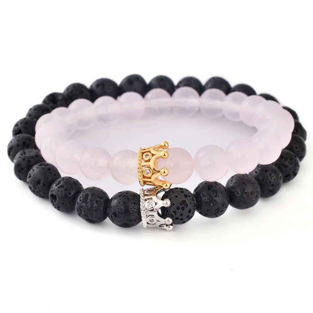 Set Bratari cuplu, barbat, dama, lava stone, Roz 18cm, Negru 20 cm