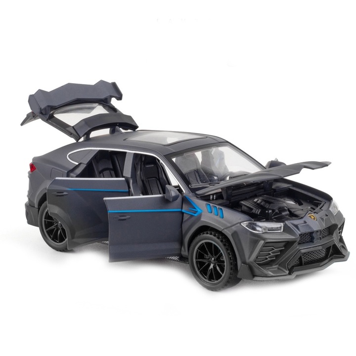 Masina metalica Lamborghini, zggzerg, cu lumini si sunete, usi mobile, capota mobila, portbagajul mobil, 16cm, Gri