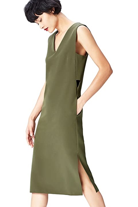 Дамска рокля Find 3542157-A15625, Права кройка, Странични изрези, V-образно деколте, Тъмнозелен, XS