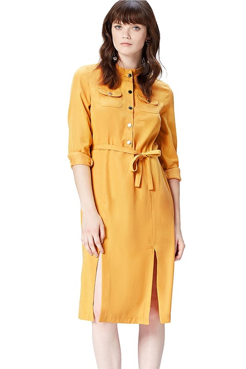 Дамска рокля Find 3671659-A15625, С дълги навиващи се ръкави, Копчета, С колан, Жълт, S
