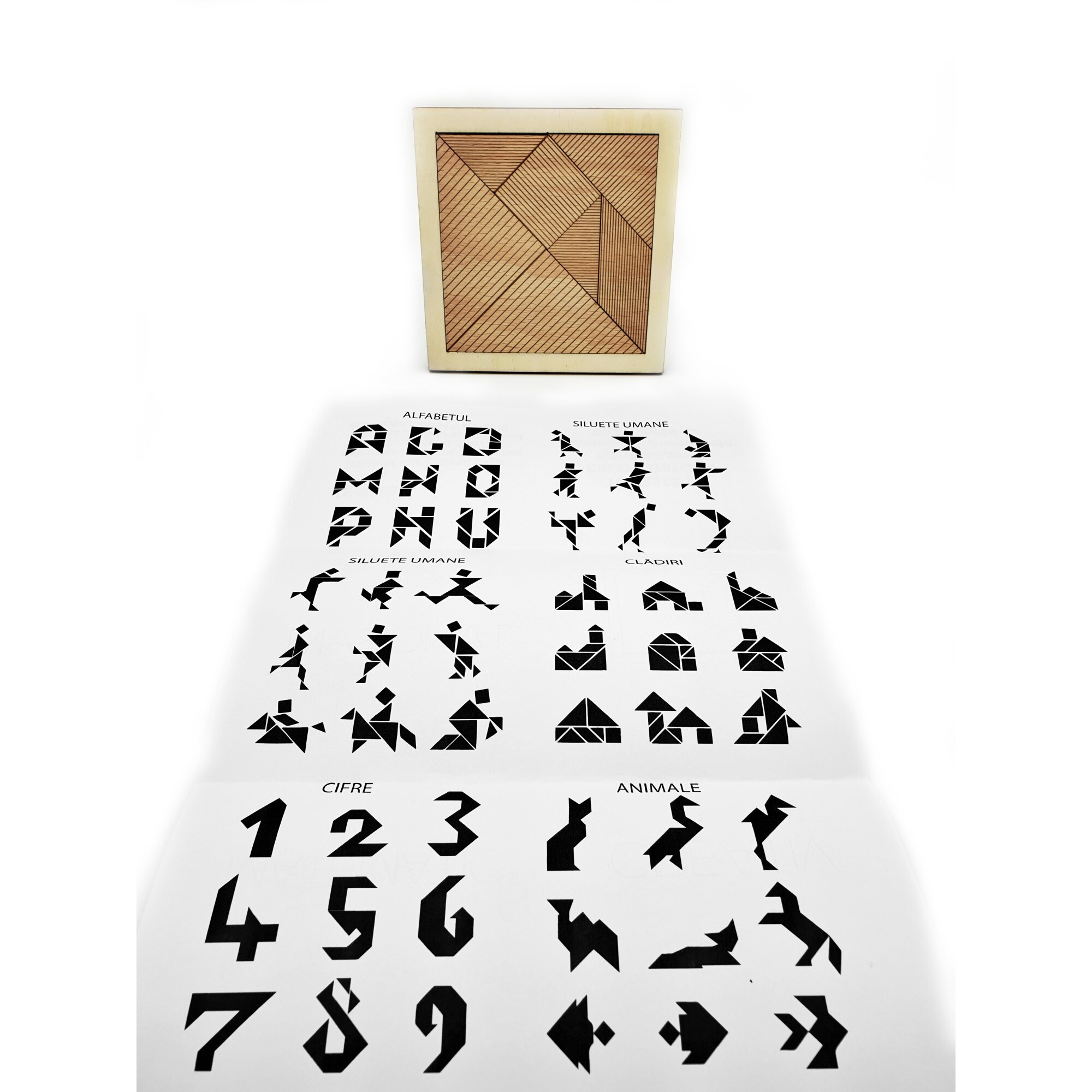 Joc educativ, Tangram, lemn gravat, 11 cm