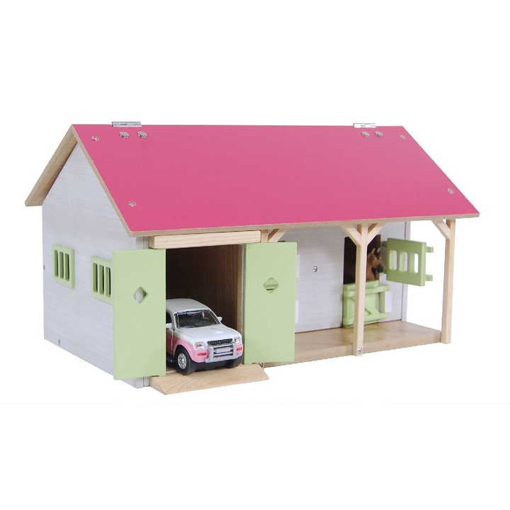 Játék istálló 2 boxával és tároló hellyel, fa anyag, rózsaszin tető