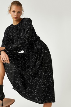KOTON, Rochie cu model cu buline si cordon in talie, Negru/Alb KOTON, Rochie cu model cu buline si cordon in talie, Negru/Alb
