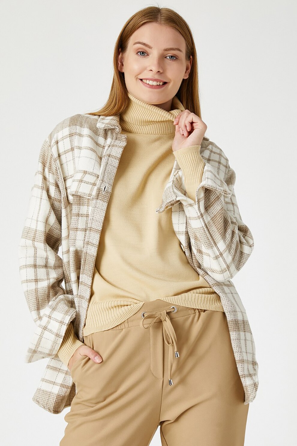 KOTON, Pulover cu guler inalt si terminatii striate, Maro camel, 2XL