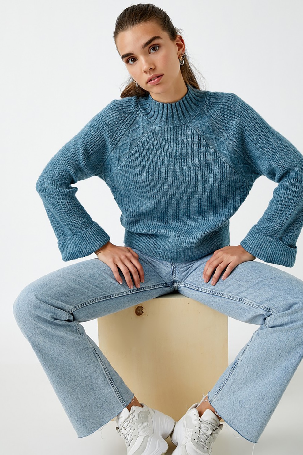 KOTON, Pulover din tricot cu maneci raglan ample, Albastru