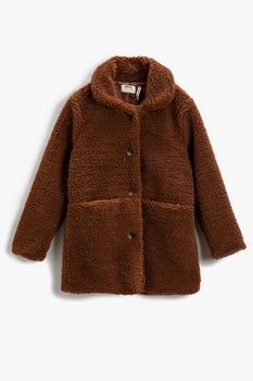 KOTON, Palton din material teddy cu nasturi, Maro KOTON, Palton din material teddy cu nasturi, Maro