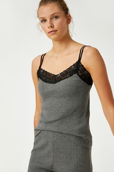 KOTON, Top de casa cu garnituri din dantela, Gri/negru, L KOTON, Top de casa cu garnituri din dantela, Gri/negru, L