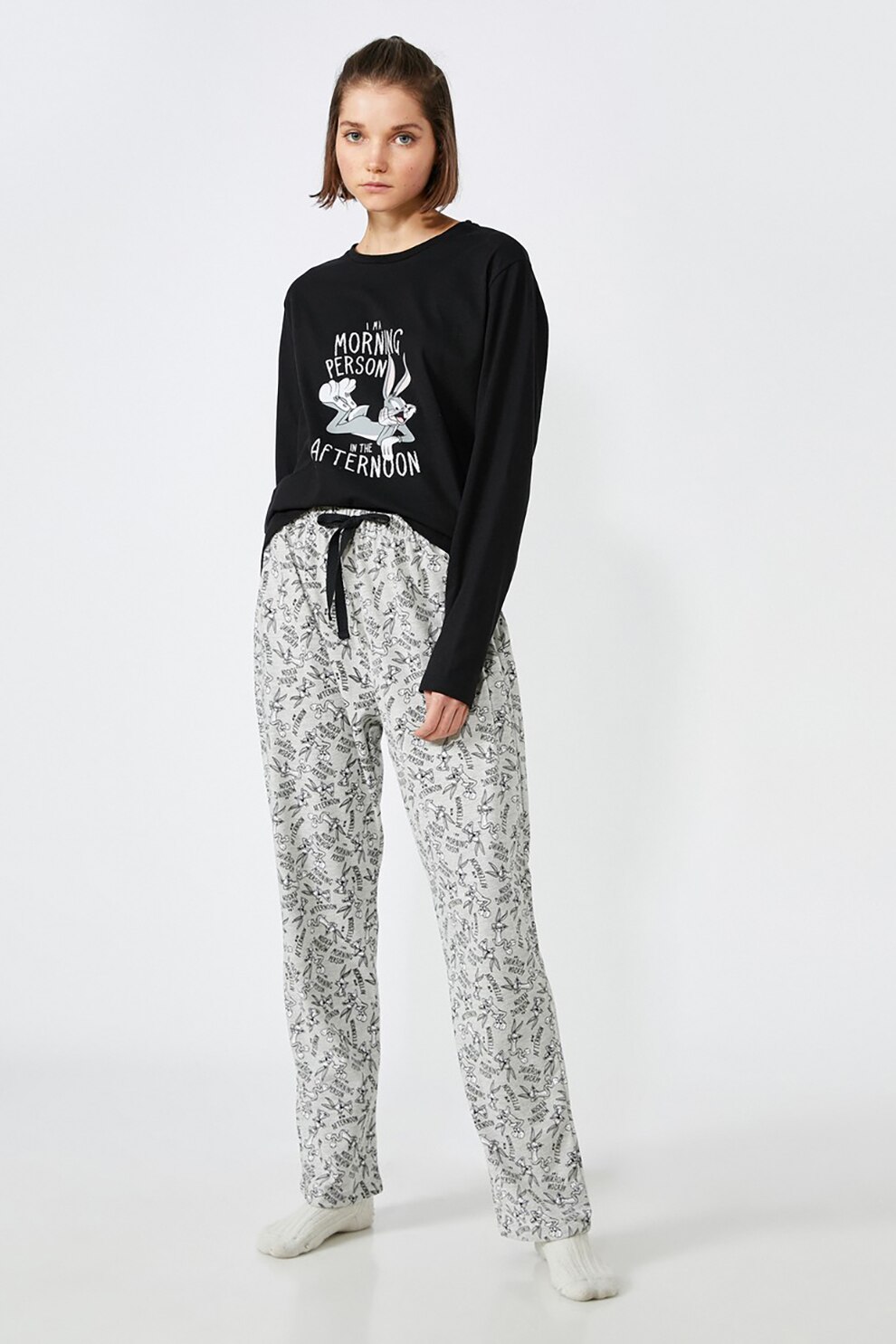 KOTON, Pijama cu decolteu la baza gatului si imprimeu, Gri melange/Negru/Alb, S