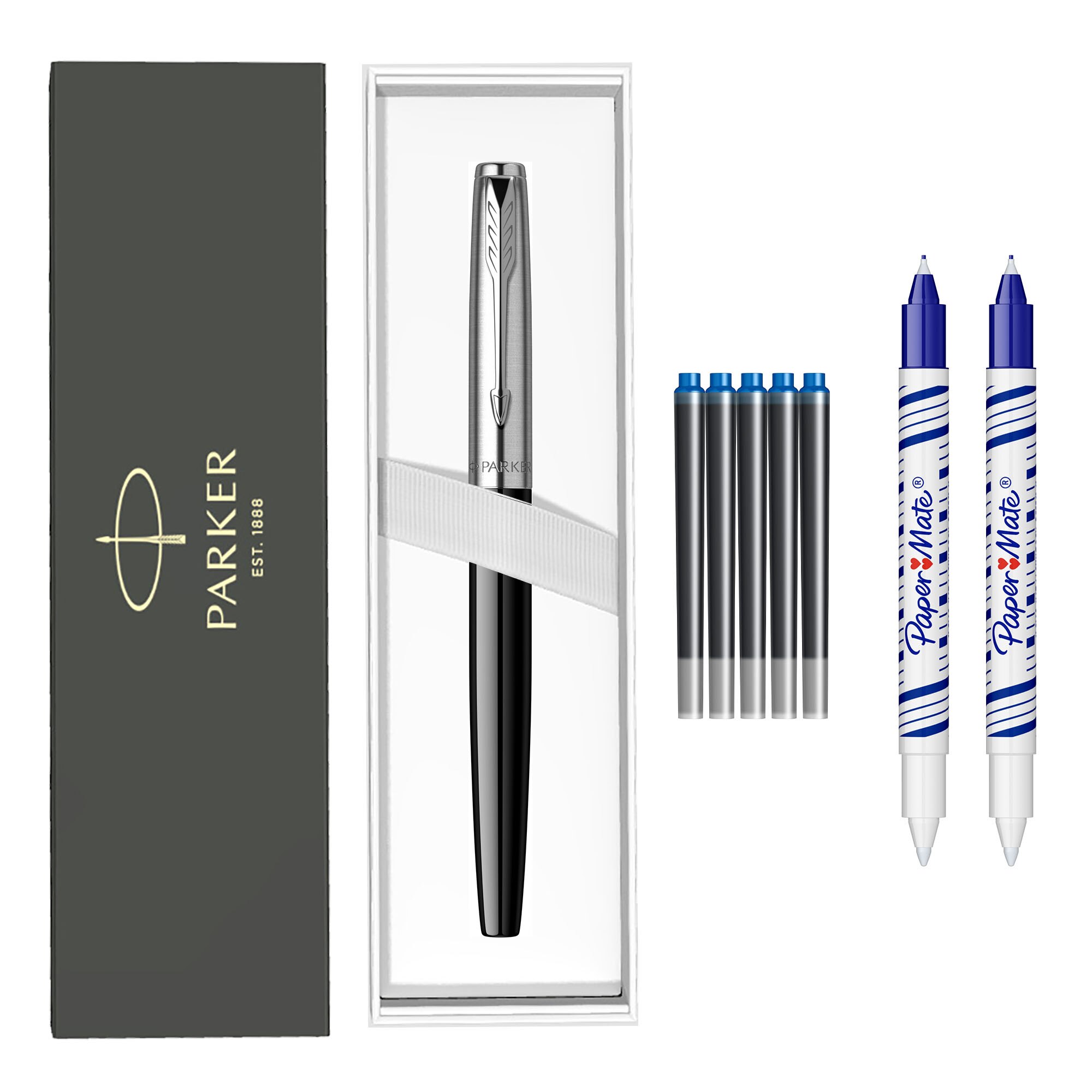 Stilou Parker Jotter negru + 2 picuri + 1 set 5 cartuse Quink washable blue
