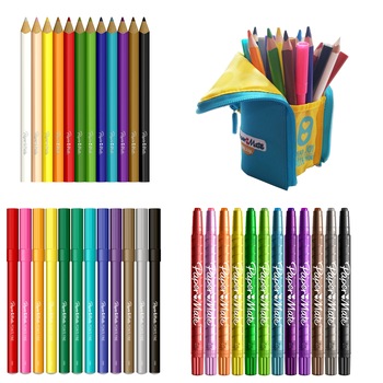 Set Papermate 12 creionane colorate Jumbo + 12 creioane cerate twist + 12 carioci Jumbo + penar textil dublat cu fermoar tip suport instrumente scris Set Papermate 12 creionane colorate Jumbo + 12 creioane cerate twist + 12 carioci Jumbo + penar textil dublat cu fermoar tip suport instrumente scris