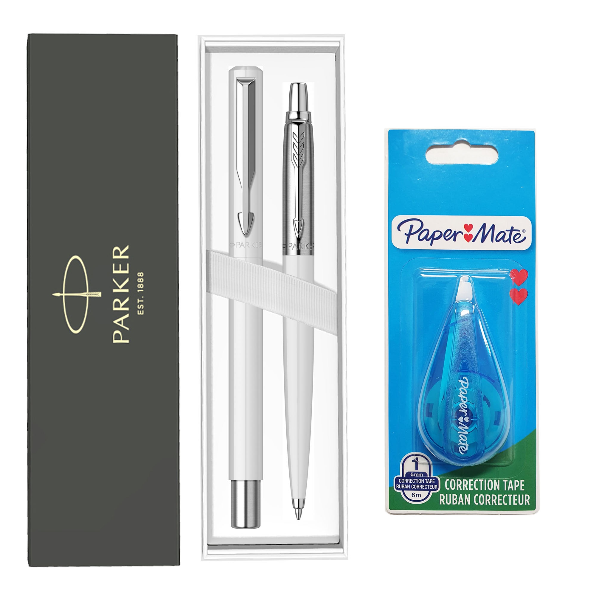 Set Parker roller Vector alb + pix Jotter alb + banda corectie Papermate 5mm*6 m
