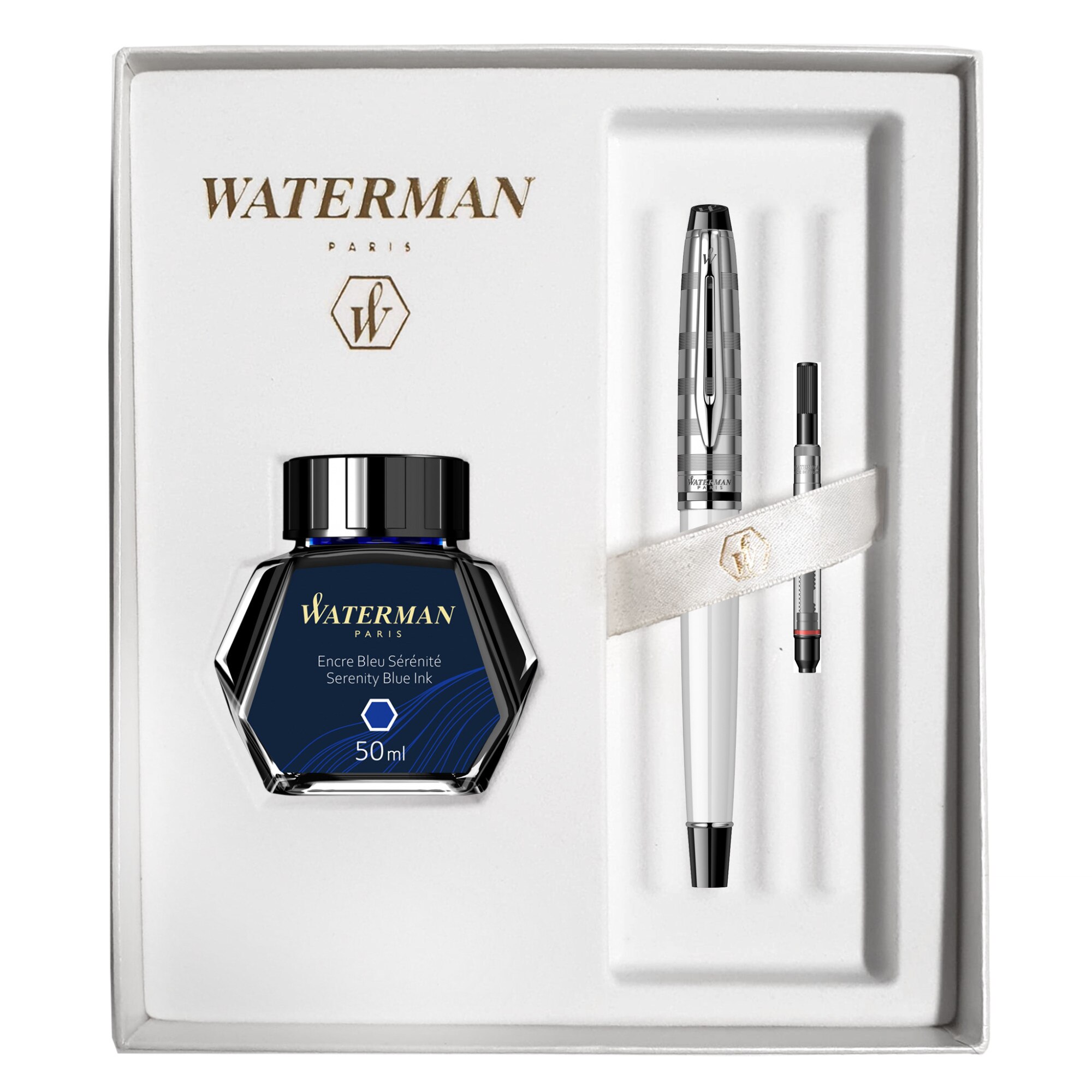 Stilou Waterman Expert DeLuxe alb in caseta cu convertor si calimara