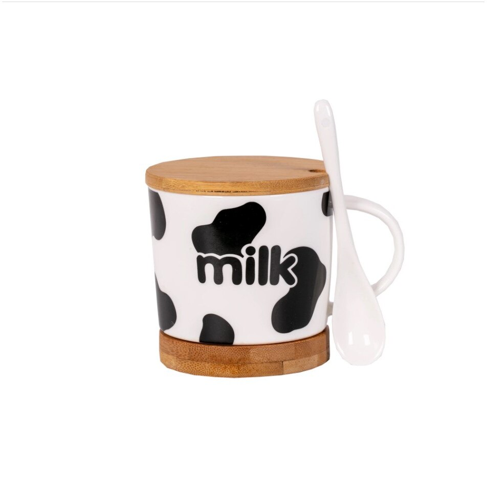 Cana cu lingurita ceramica, suport si capac din bambus, model milk, Negru 300 ml