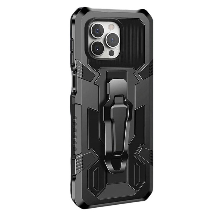 Husa de protectie pentru Apple iPhone 13 Pro, Tech Performance Design, Shield Armor, Hard TPU, Stand, Top Protection, Negru