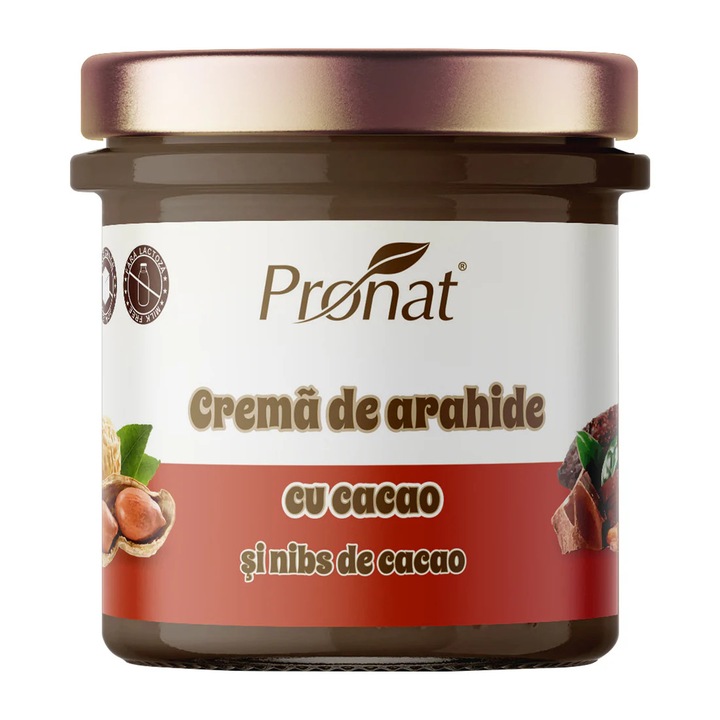 Unt de arahide cu ciocolata neagra si nibs de cacao, 300 g, Pronat