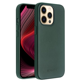 Husa slim pentru iPhone 13 Pro, cu MagSafe din piele naturala de vitel, tip back cover, Qialino, Sequoia green Husa slim pentru iPhone 13 Pro, cu MagSafe din piele naturala de vitel, tip back cover, Qialino, Sequoia green
