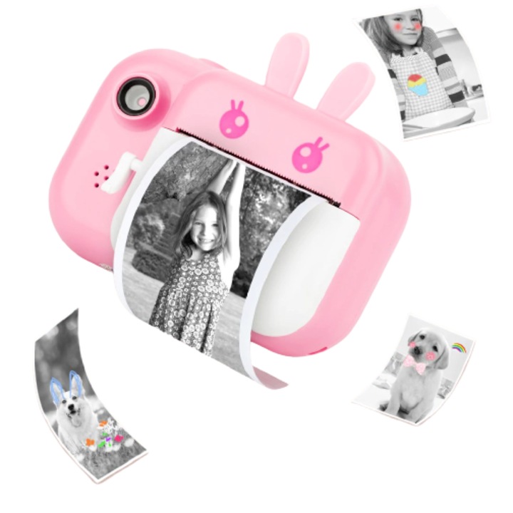 Детска фото/видео камера DacEnergy Заек, Двойна камера, IPS цветен екран, 2.4 инча, Розов, 24 MP, Творчески филтър