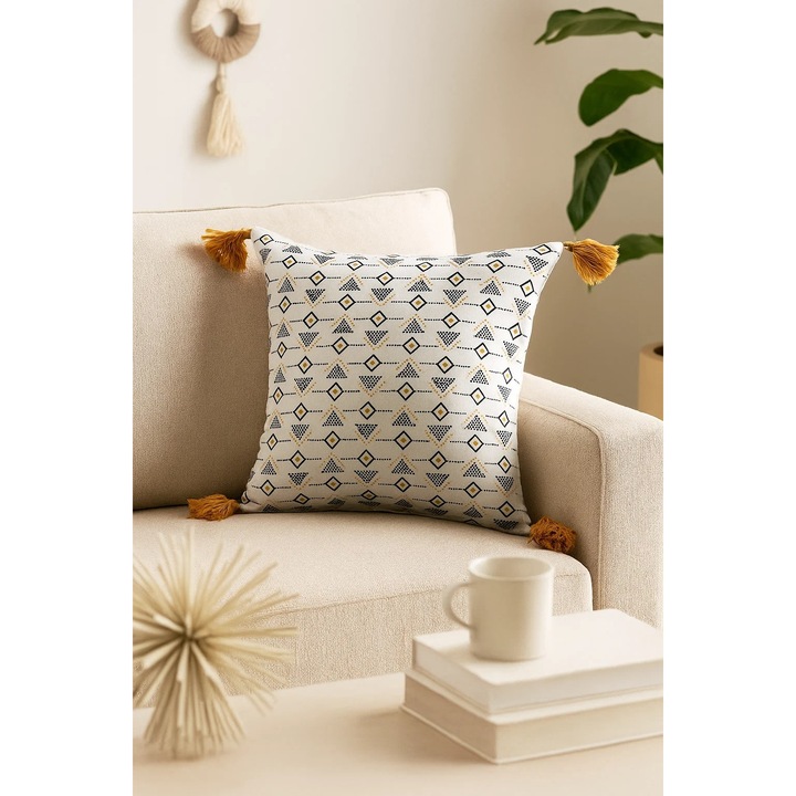 Perna decorativa cu ciucuri, 40x40 cm, alb cu imprimeu