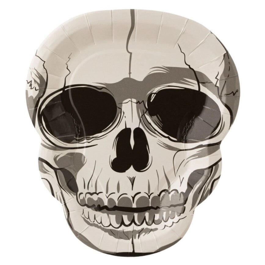 Set 6 farfurii, Zola®, pentru Halloween, din carton, model craniu, argintii, 23 cm
