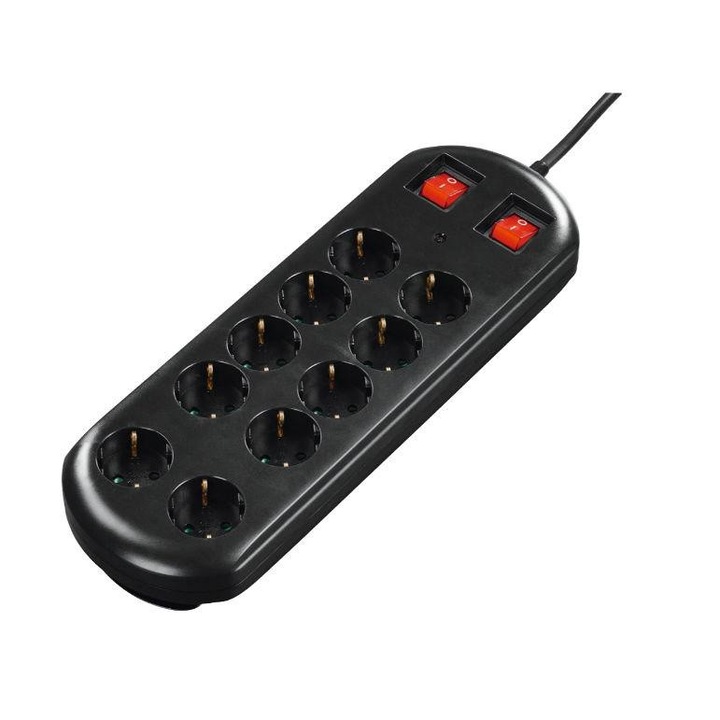Prelungitor 10 prize, 2 comutatoare cu protectie de supratensiune, negru, 2 m, Hama