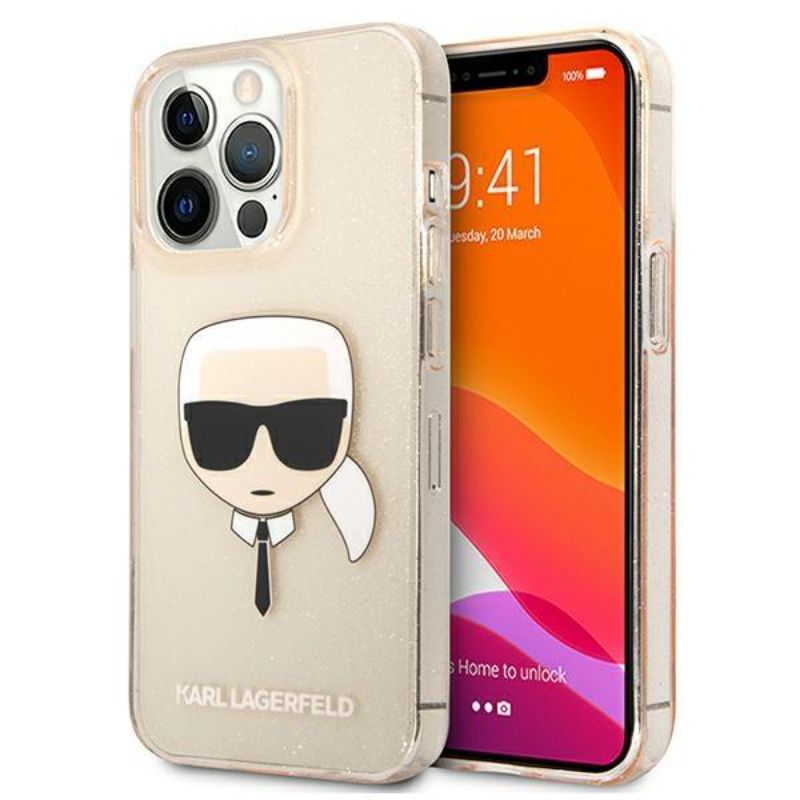 Husa Karl Lagerfeld Glitter Karls Head compatibila cu iPhone 13 Pro, Auriu