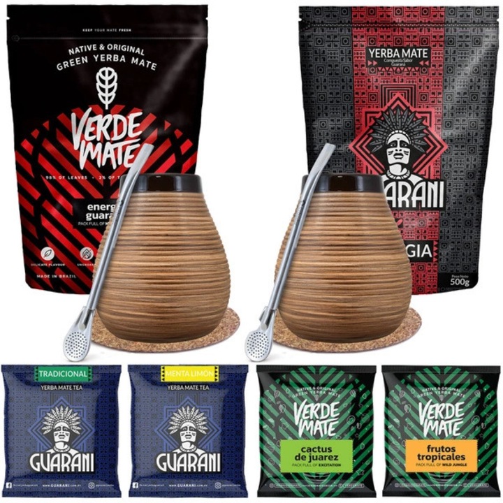 Teakészlet 2 darab bögrével és kiegészítőkkel, Yerba Mate, Különböző ízekben, 2 x 500 g, 4 x 50 g