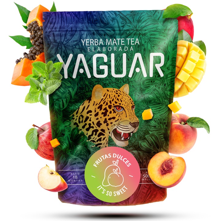 Yerba Mate Tea, Yaguar, Frutas Dulces, Enyhe és Aromás, Ideális Kezdőknek, Természetes Stimuláció, Brazília, 500g