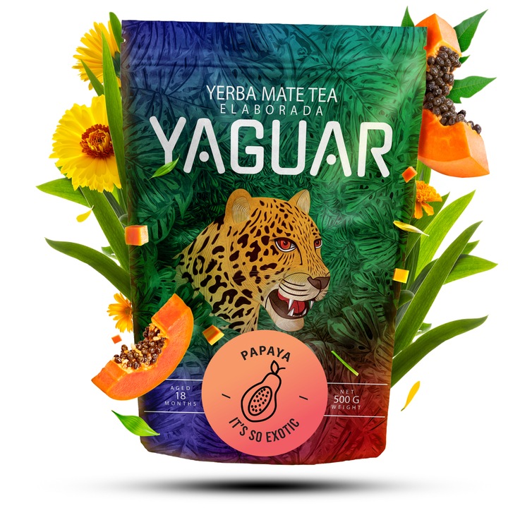 Yaguar Tea, Papaya, Yerba Mate, Enyhe és Aromás, Ideális Kezdőknek, Természetes Stimuláció, Brazília, 500g