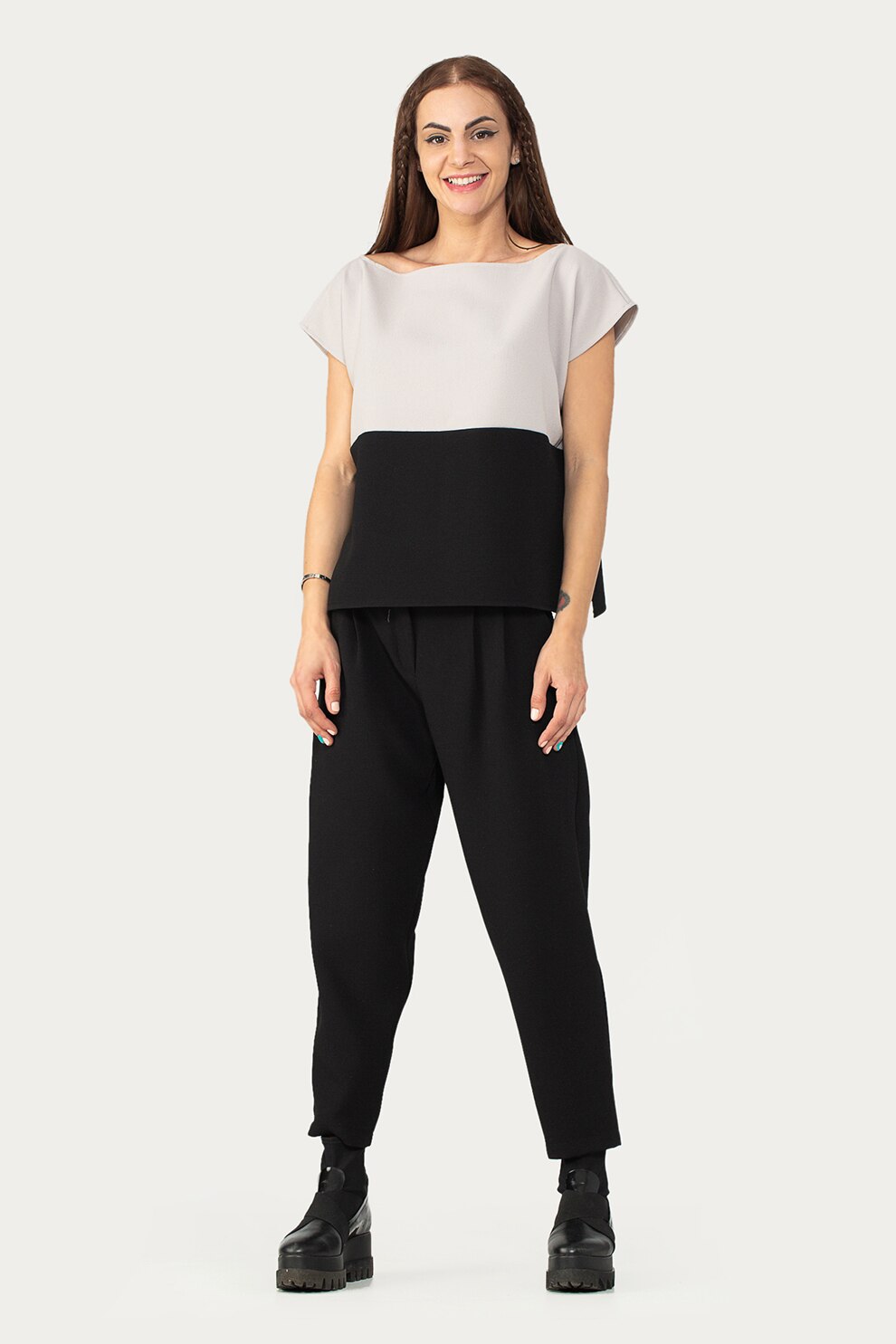 Antonia M, Bluza in doua nuante cu maneci scurte, Negru/Gri