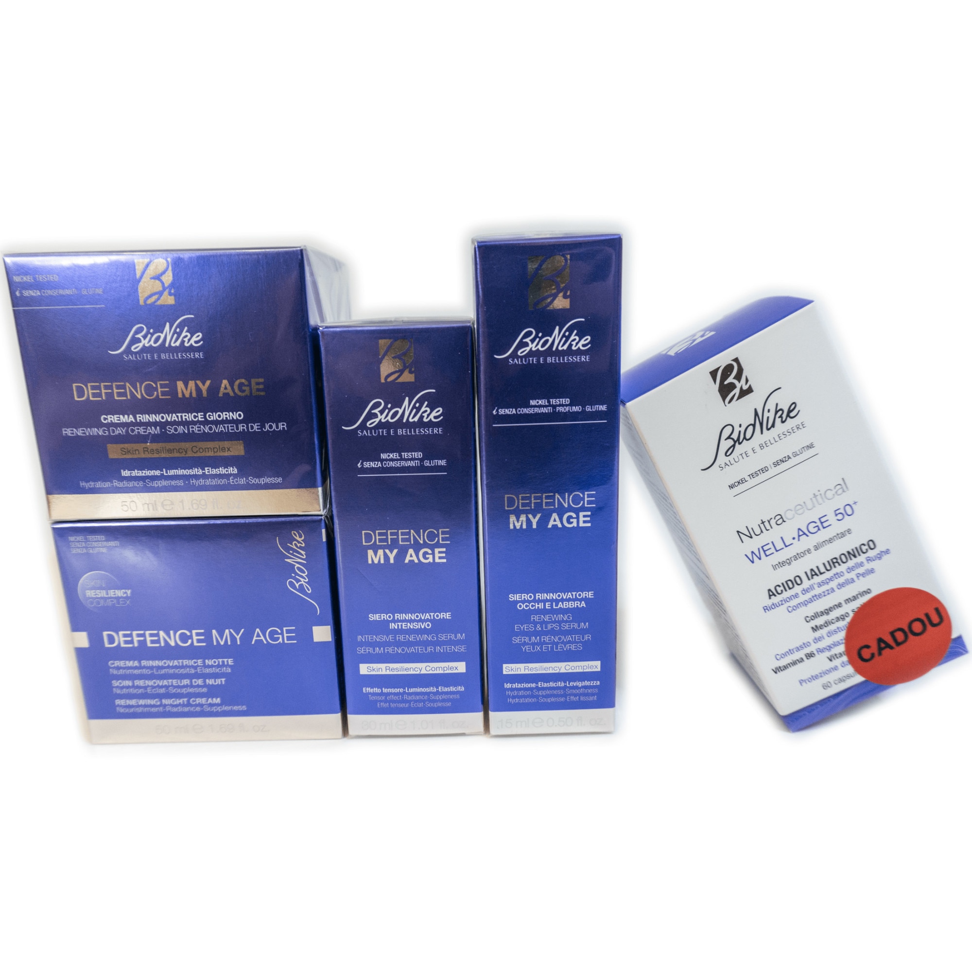 Set cadou BioNike Defence My Age 50+: Crema de zi regeneranta, 50 ml + Crema de noapte regeneranta, 50 ml + Ser intensiv regenerant, 30 ml + Ser pentru ochi si buze, 15 ml + Nutraceutical Supliment alimentar cu acid hialuronic, 60 capsule + Cutie cadou