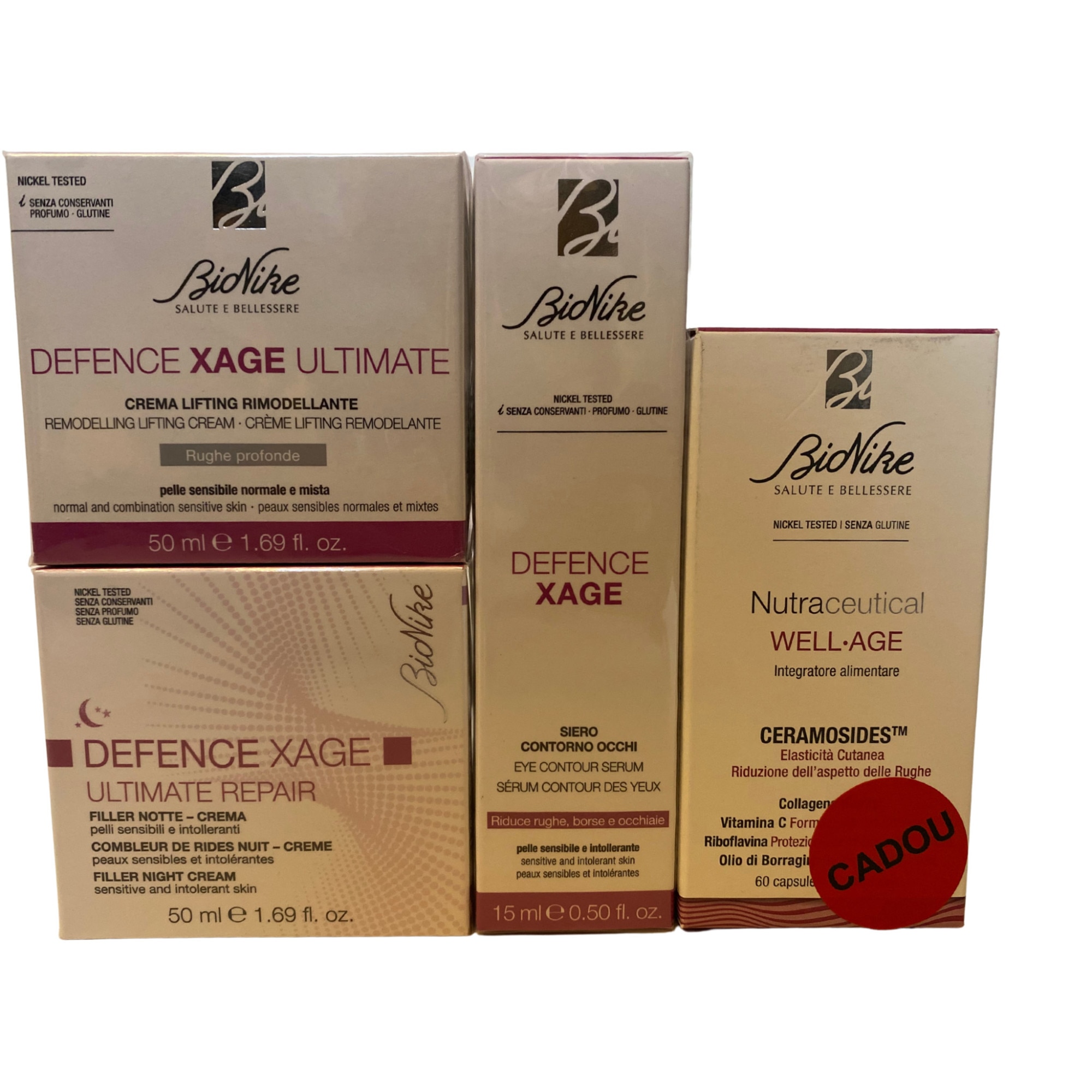 Set cadou BioNike Defemce Xage Ultimate: Crema lifting remodelatoare, 50 ml + Crema de noapte cu efect de umplere, 50 ml + Crema-gel contur ochi, 15 ml + Nutraceutical Supliment alimentar cu ceramide, 60 capsule + Cutie cadou