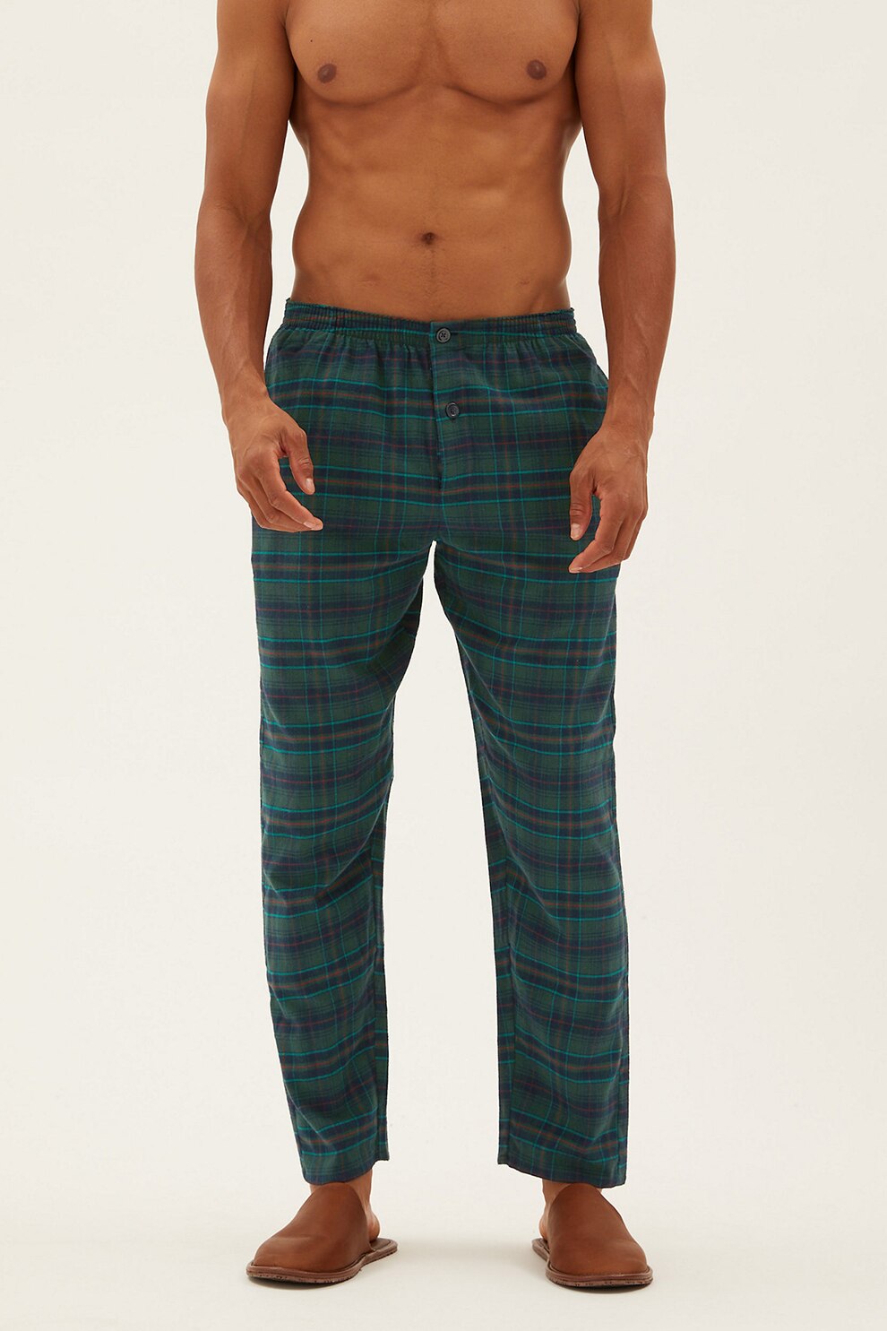 Marks & Spencer, Pijama lunga cu model in carouri, Verde inchis/Bleumarin