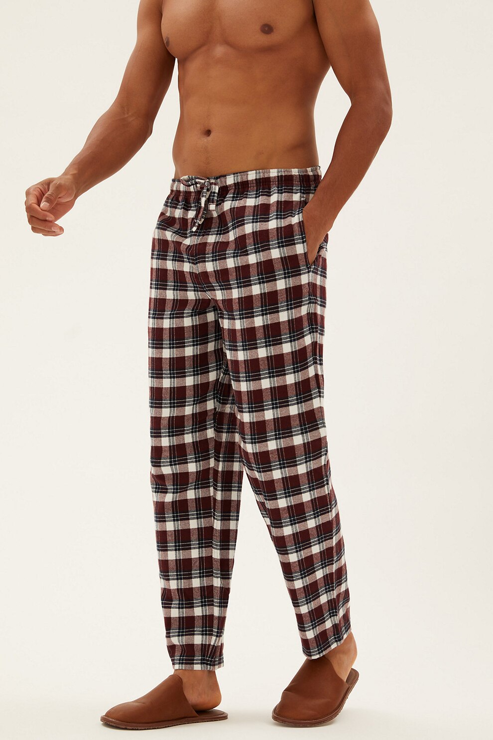 Marks & Spencer, Pijama cu decolteu Henley, Rosu Bordeaux/Alb/Negru, S