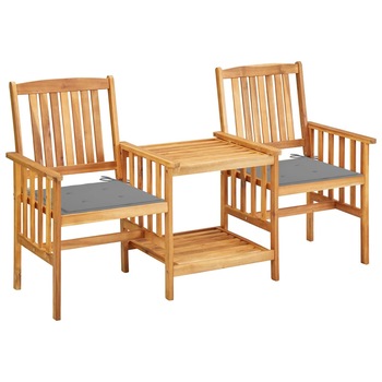 Set de 2 scaune de gradina cu masa de ceai si perne vidaXL, Lemn de acacia, 159 x 61 x 92 cm, perna 4 cm, Maro/Gri