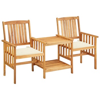 Set de 2 scaune de gradina cu masa de ceai si perne vidaXL, Lemn de acacia, 159 x 61 x 92 cm, perna 4 cm, Maro/Crem