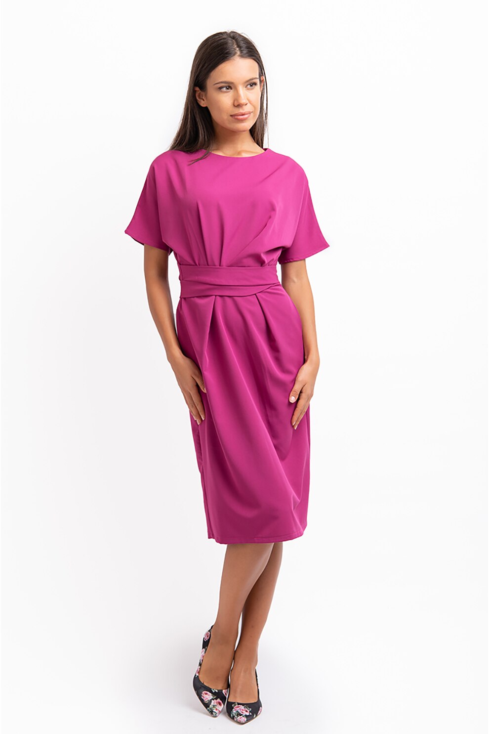 Couture de Marie, Rochie midi din amestec de bumbac cu cordon in talie Livia, Fucsia