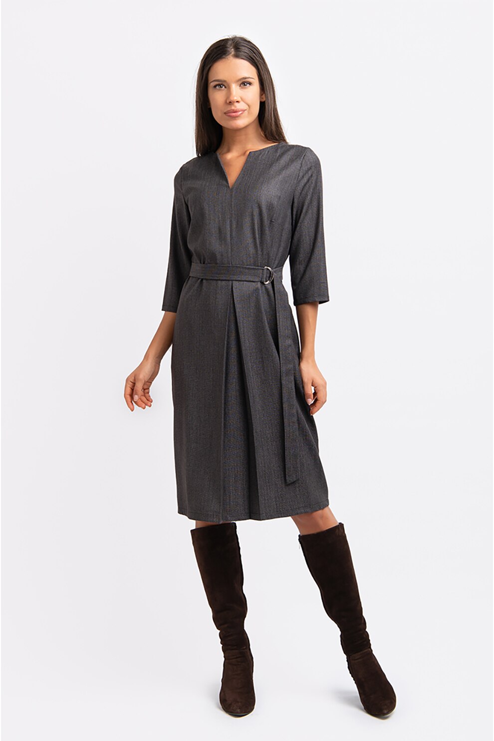 Couture de Marie, Rochie midi din amestec de lana cu cordon in talie Paula, Gri inchis melange