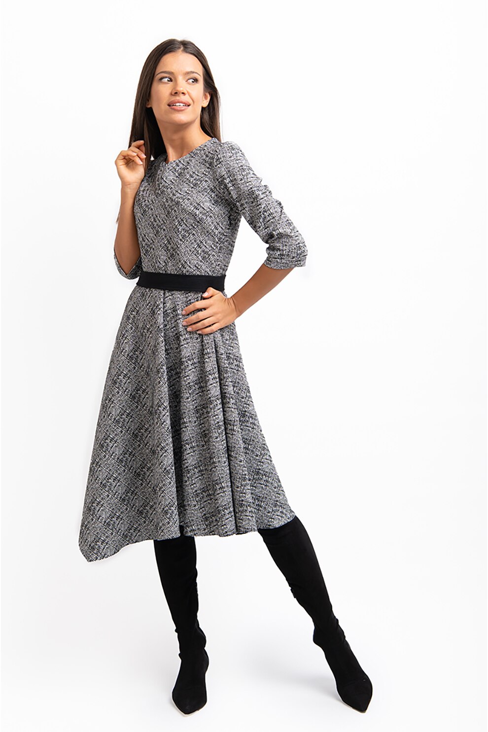 Couture de Marie, Rochie scurta din amestec de bumbac cu decolteu in V Polly, Alb & negru