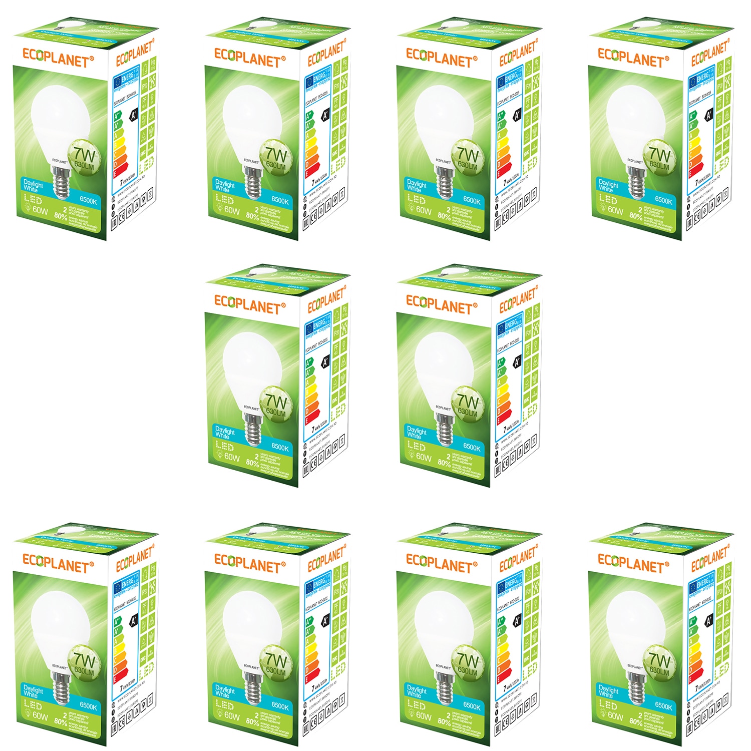 Set 10 buc - Bec LED Ecoplanet glob mic G45, E14, 7W (60W), 630 LM, F, lumina rece 6500K, Mat