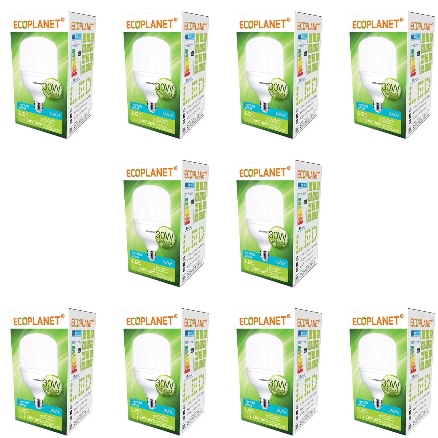 Set 10 buc - Bec LED Ecoplanet, E27, 30W (200W), 2850 LM, F, lumina rece 6500K, Mat